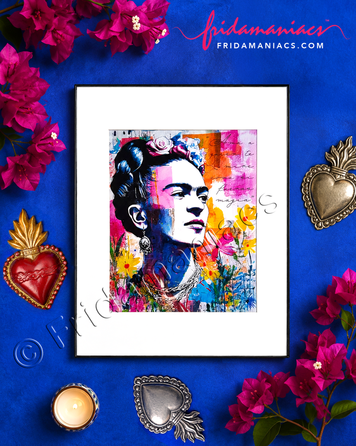 Colorful artwork of a stylized Frida Kahlo portrait with flowers and decorative elements on a blue background.