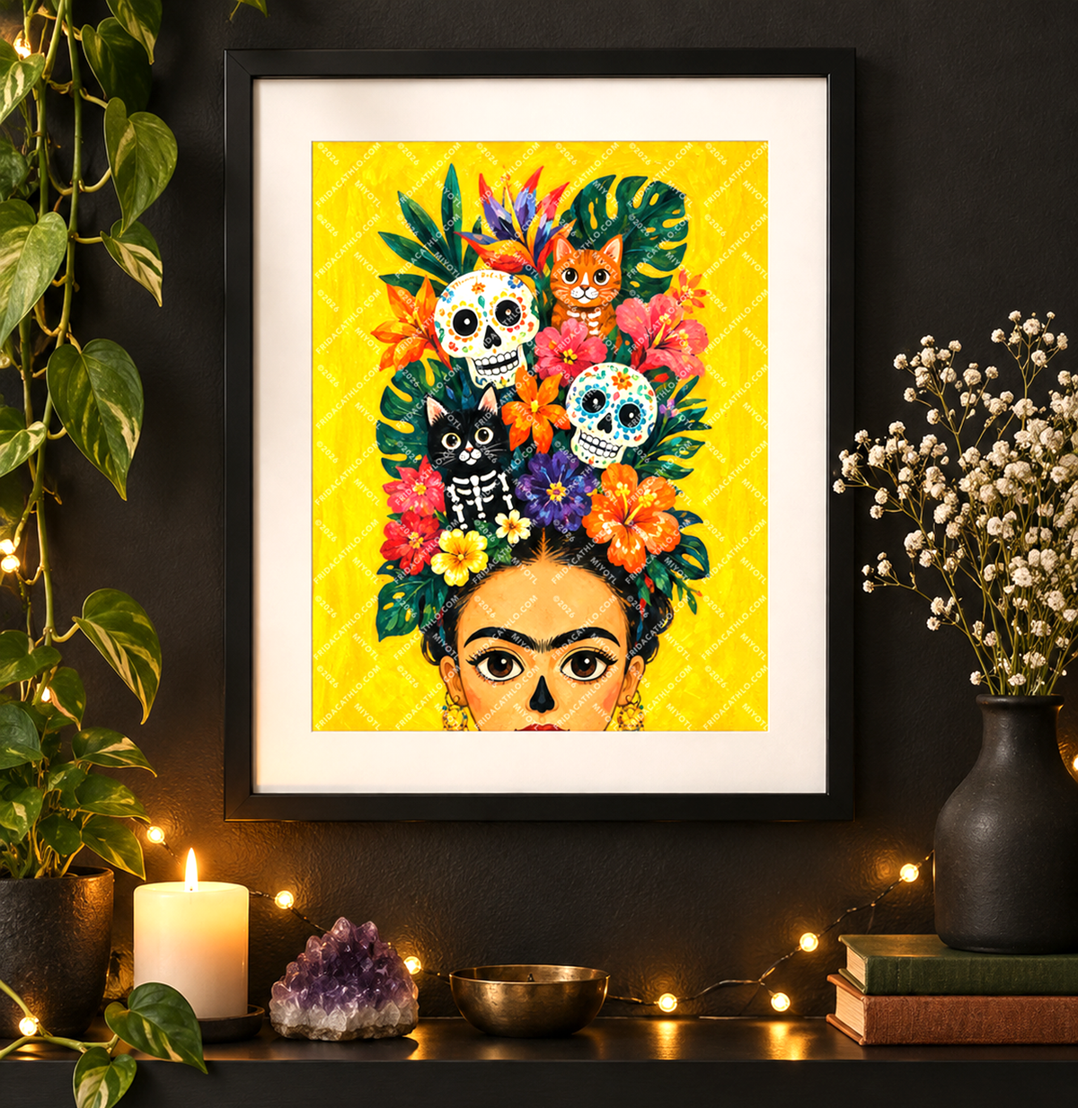 A framed art print featuring a colorful Day of the Dead style illustration of a woman with floral and skeletal hair, displayed on a dark shelf with candles, plants, and decorative objects. Frida Cathlo Art