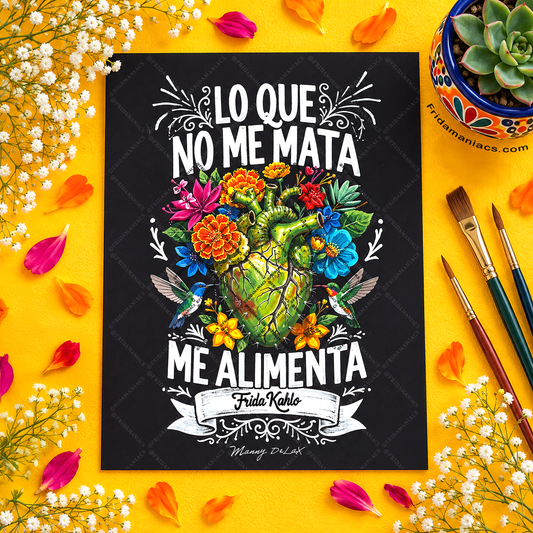 A rectangular black art print featuring a colorful illustrated heart and flowers with the Spanish text 'LO QUE NO ME MATA ME ALIMENTA' and 'Frida Kahlo' on a bright yellow background. The print is styled in a flat lay with paintbrushes, a succulent, white flowers, and orange petals.