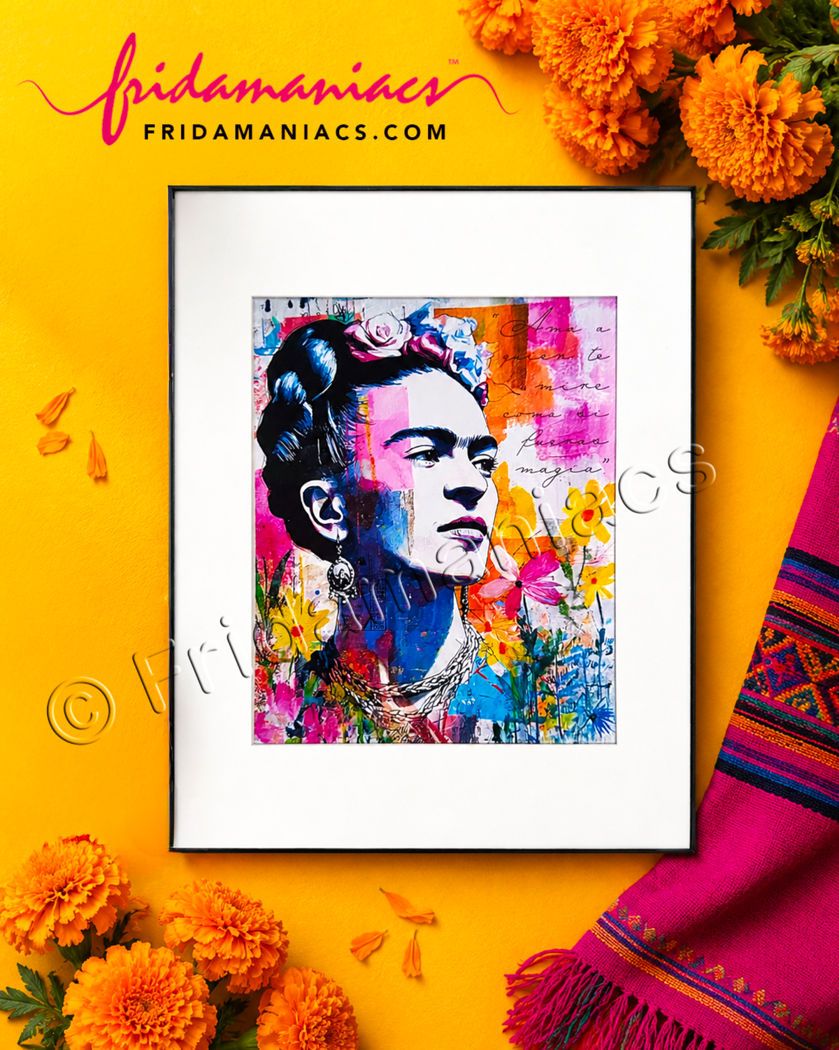 Framed artwork of a colorful Frida Kahlo portrait on a yellow background with marigold flowers and a pink fabric.