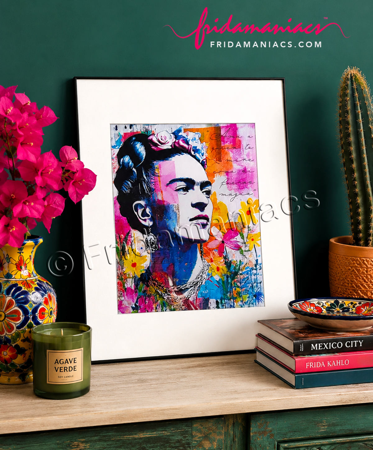 Colorful artwork of a famous artist on a shelf with decorative items. Frida Kahlo collage by Mexican graphic artist Manny DeLaX