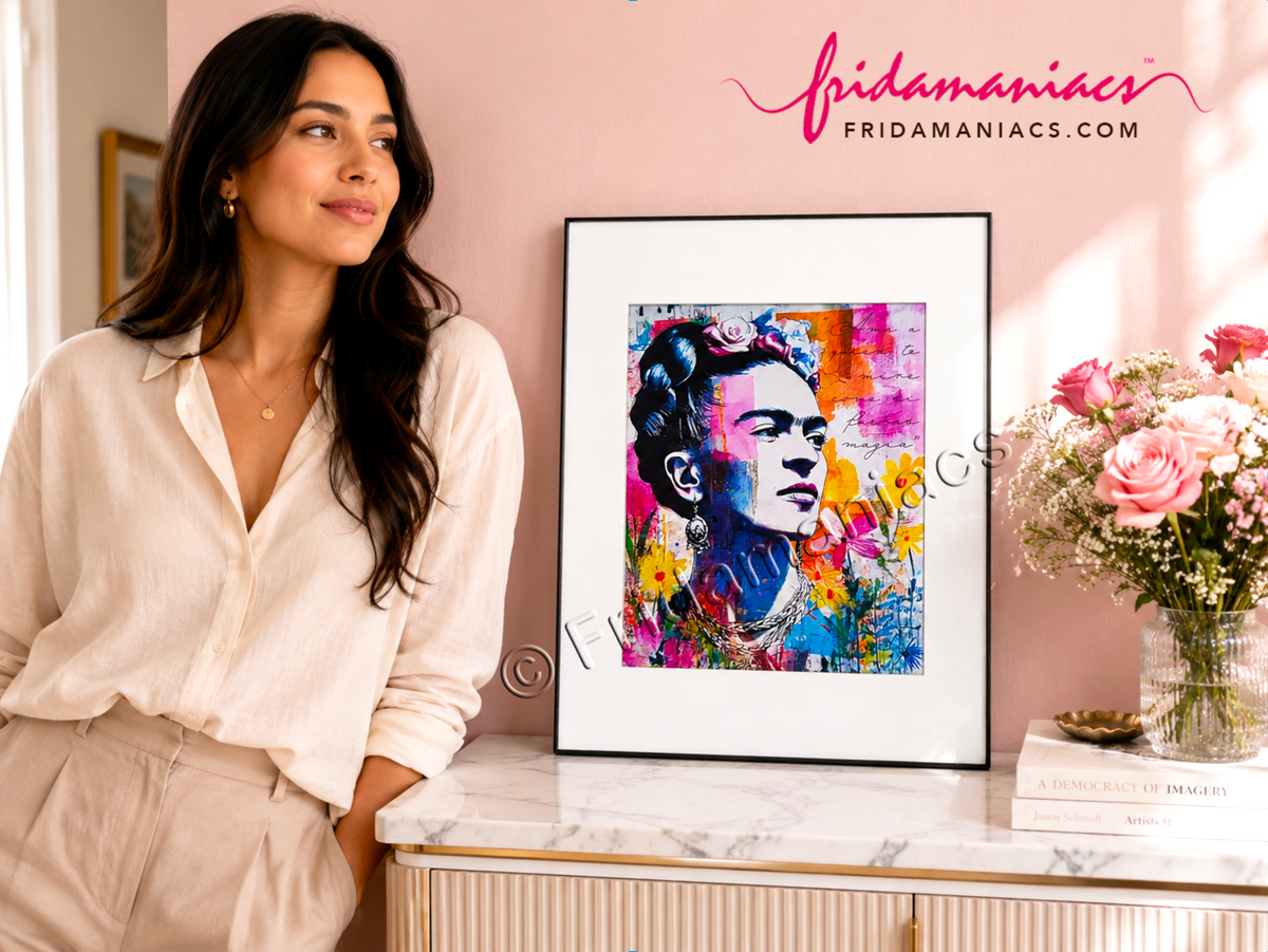 Woman standing next to a colorful framed artwork of a famous artist in a stylish interior setting.