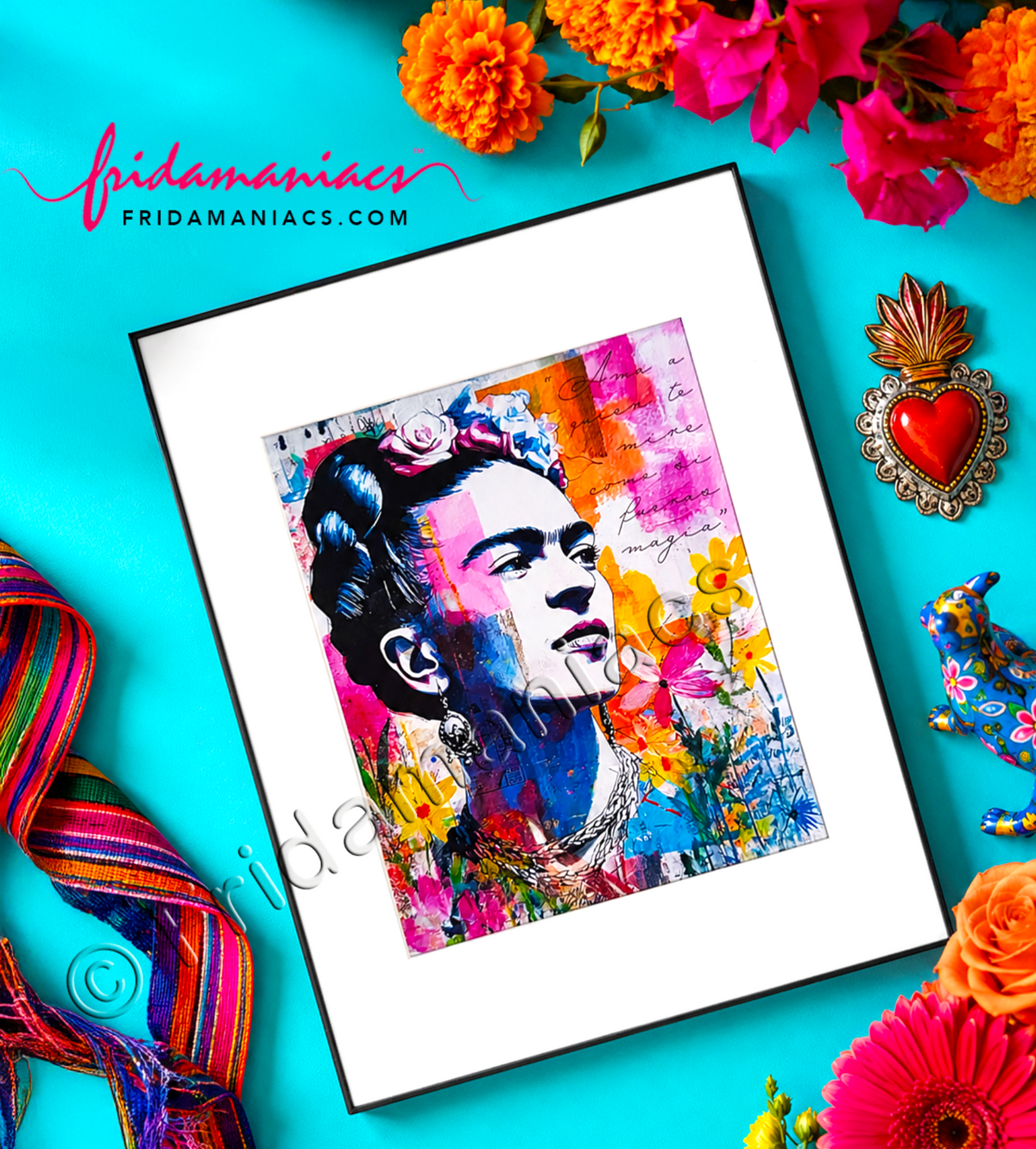 Colorful framed artwork of a stylized Frida Kahlo portrait with flowers and decorative items on a turquoise background.