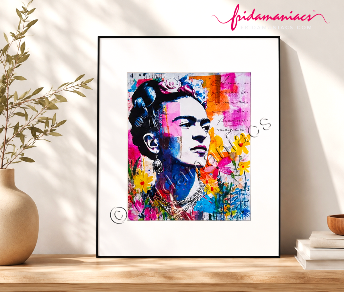 Framed artwork of a colorful Frida Kahlo portrait on a wooden shelf with decorative elements.