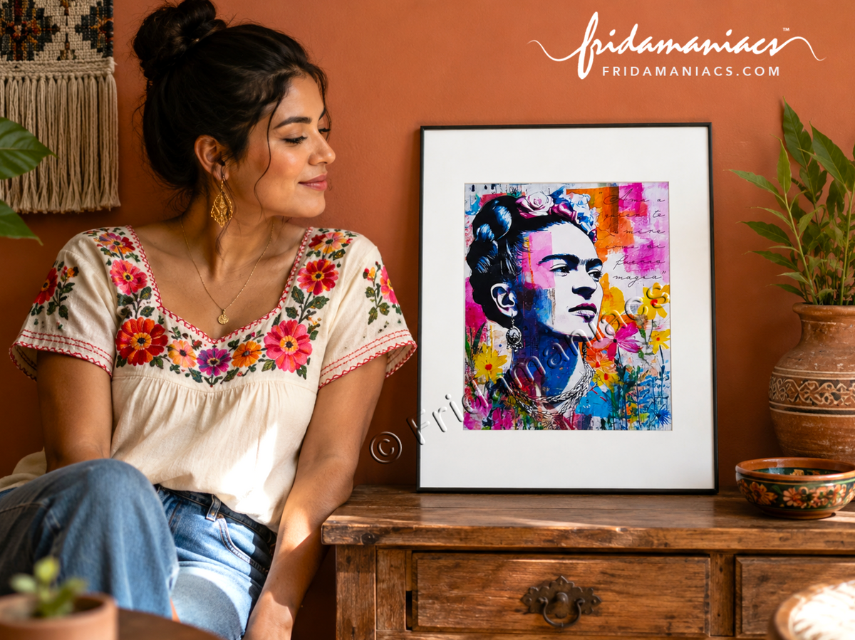 Woman sitting next to a framed artwork of a colorful Frida Kahlo portrait on a wooden surface.