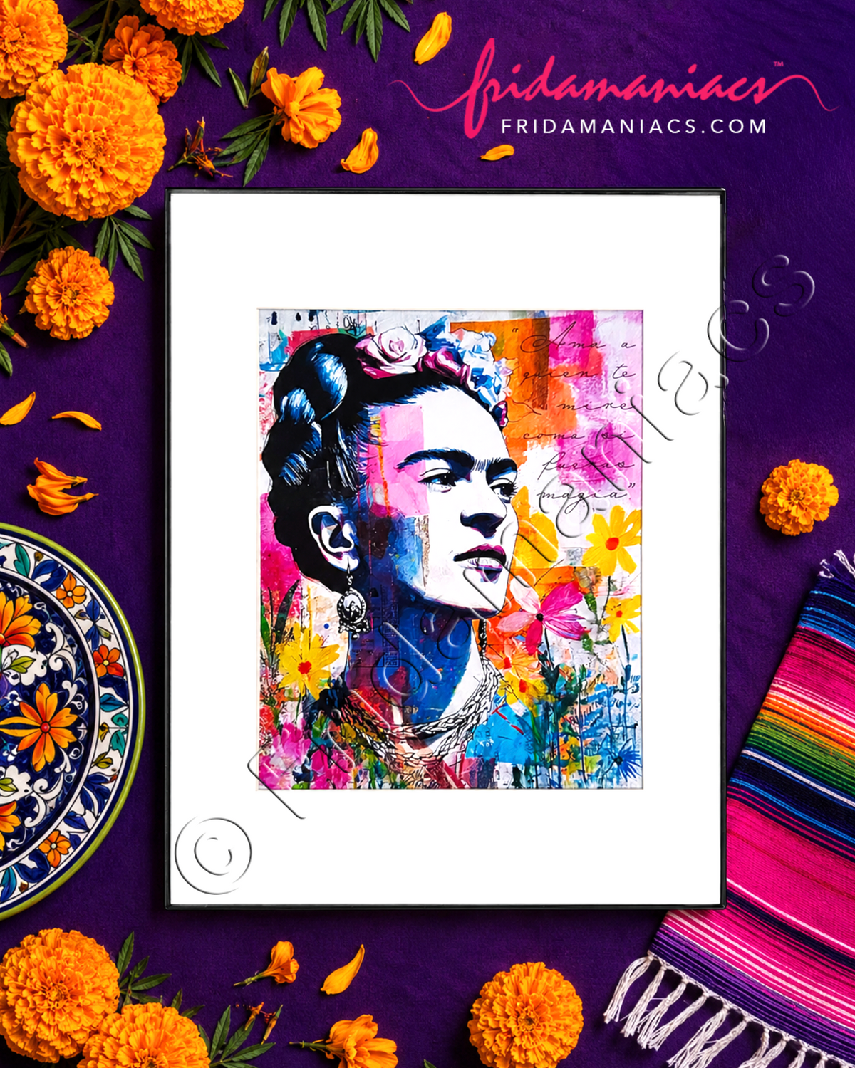 Framed artwork of a stylized Frida Kahlo portrait with colorful flowers and decorative elements on a purple background.