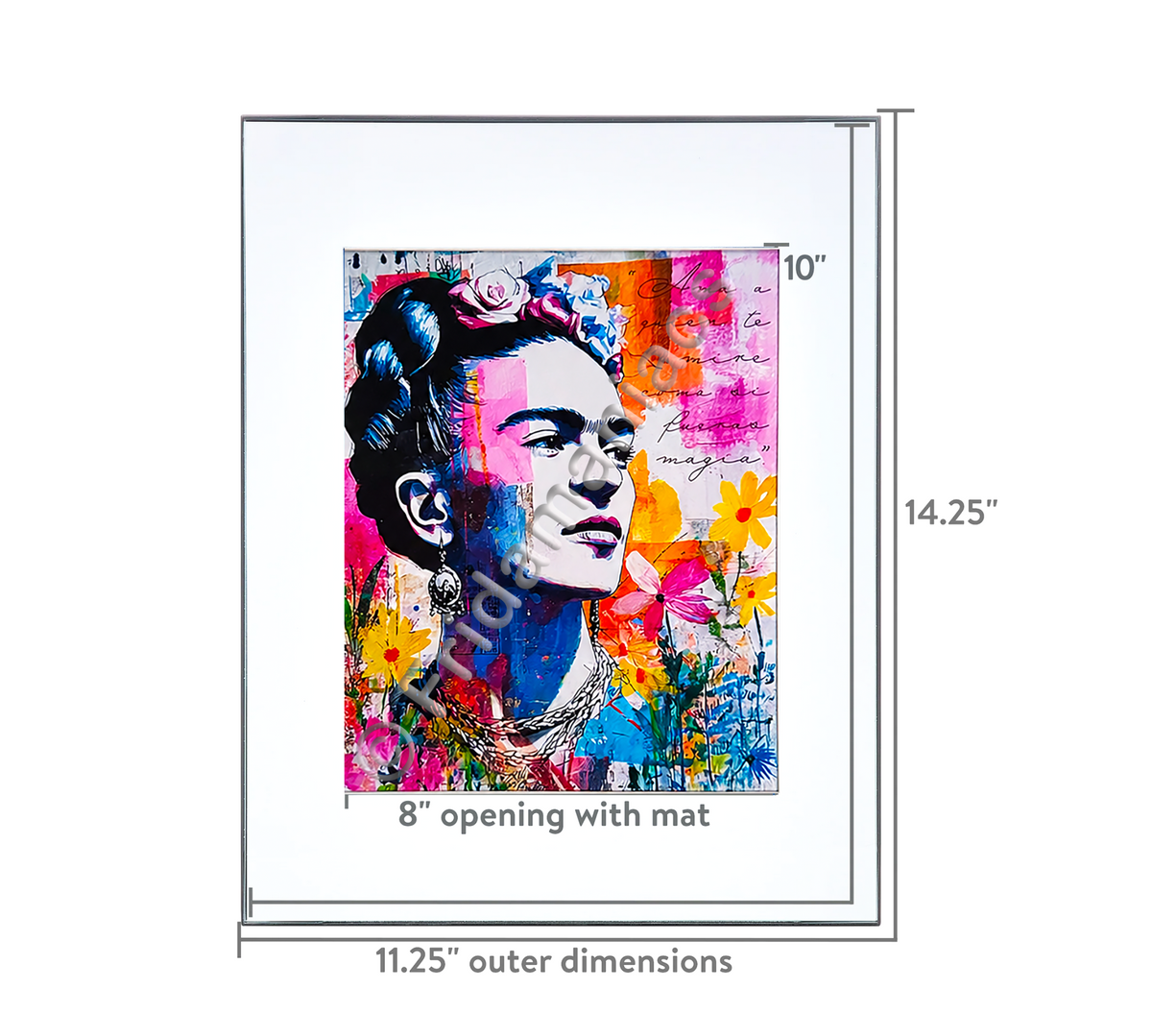 Framed artwork of a stylized Frida Kahlo portrait with floral elements and dimensions displayed.