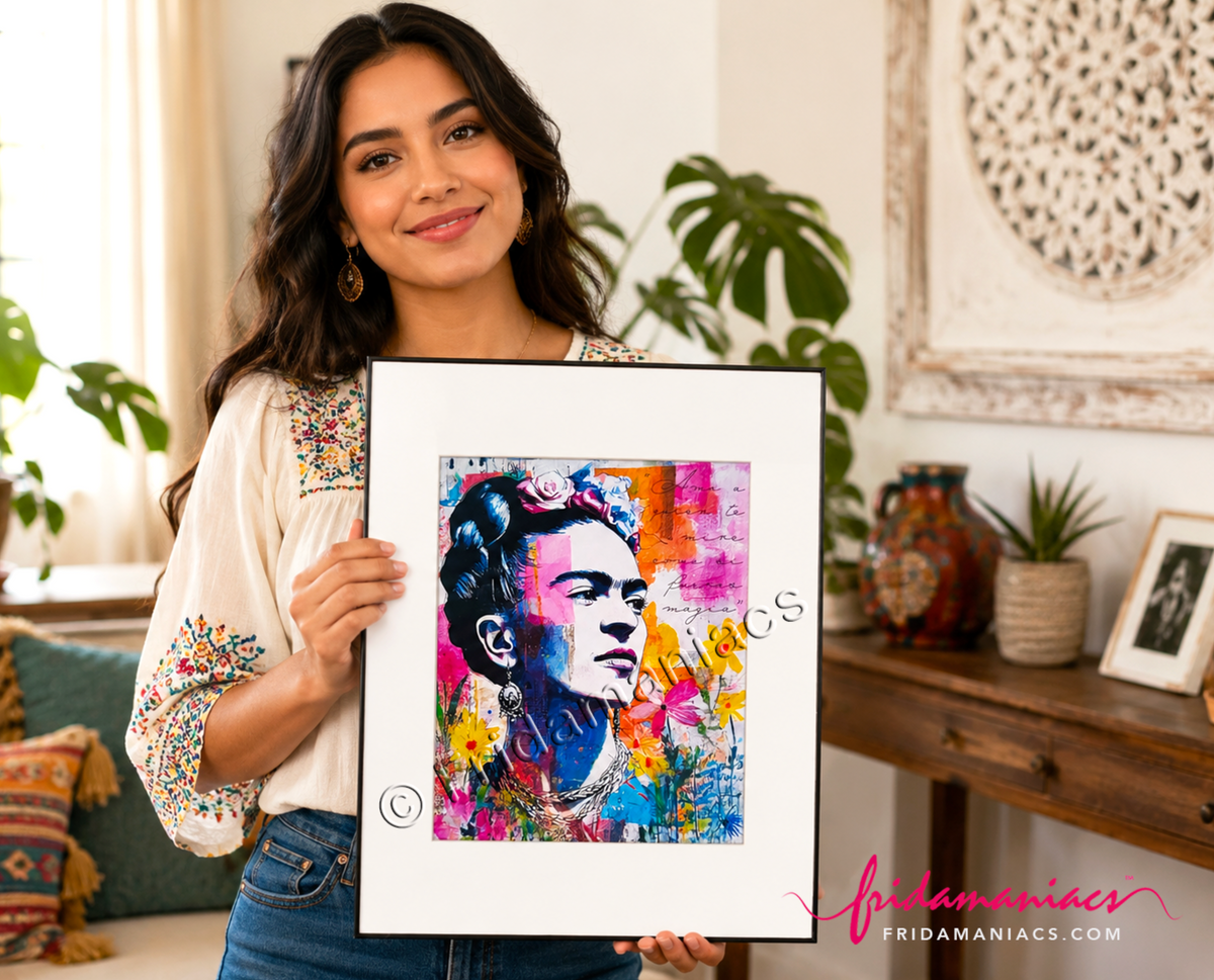Woman holding a colorful framed artwork of a famous artist in a home setting.