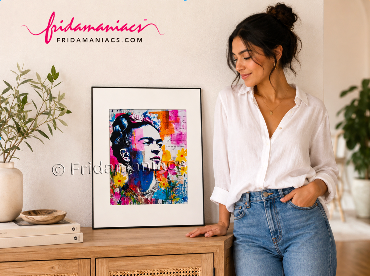 Woman standing next to a colorful framed artwork of a famous artist in a home setting.