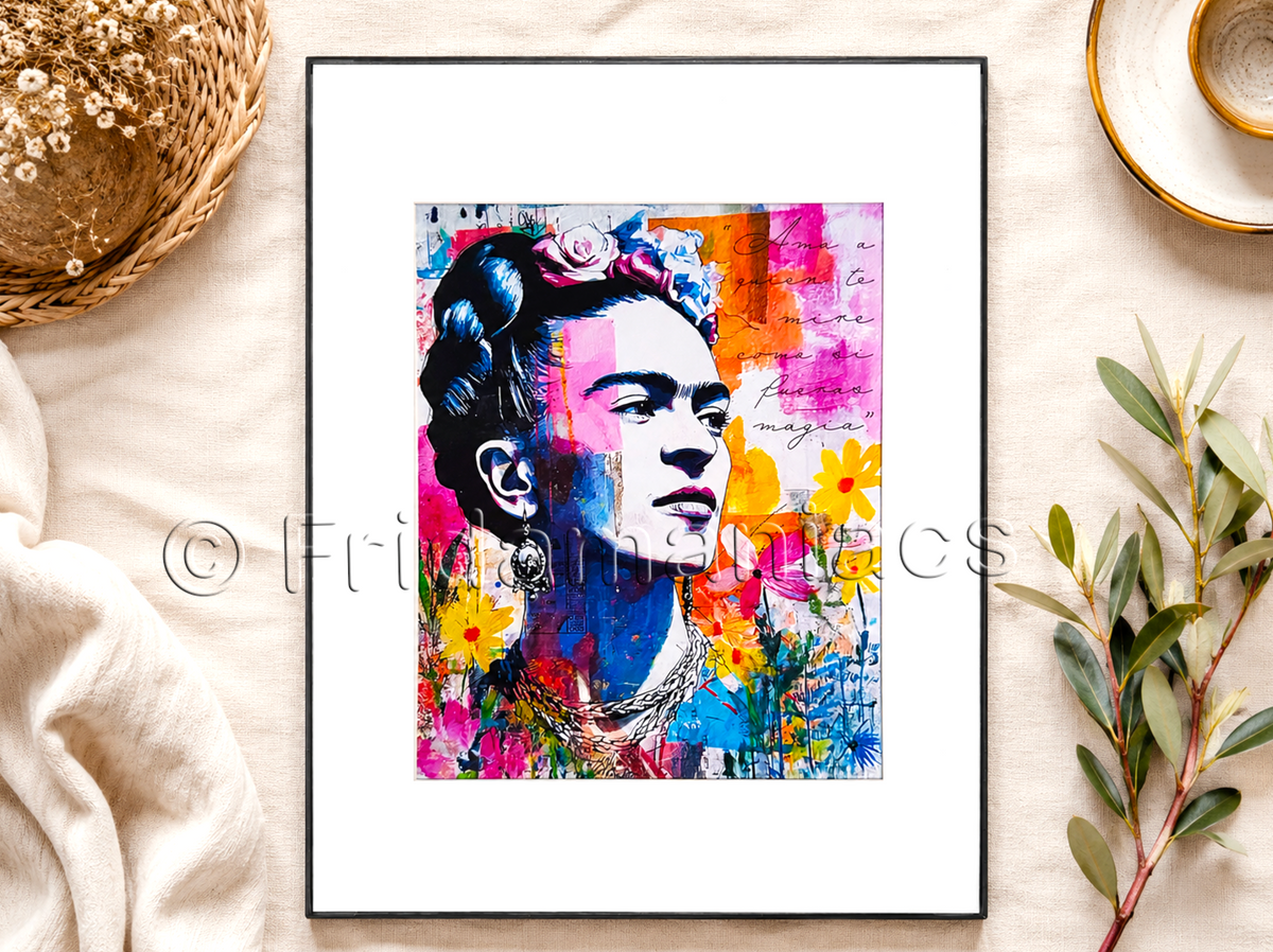 Colorful portrait of a famous artist on a white surface with decorative elements.