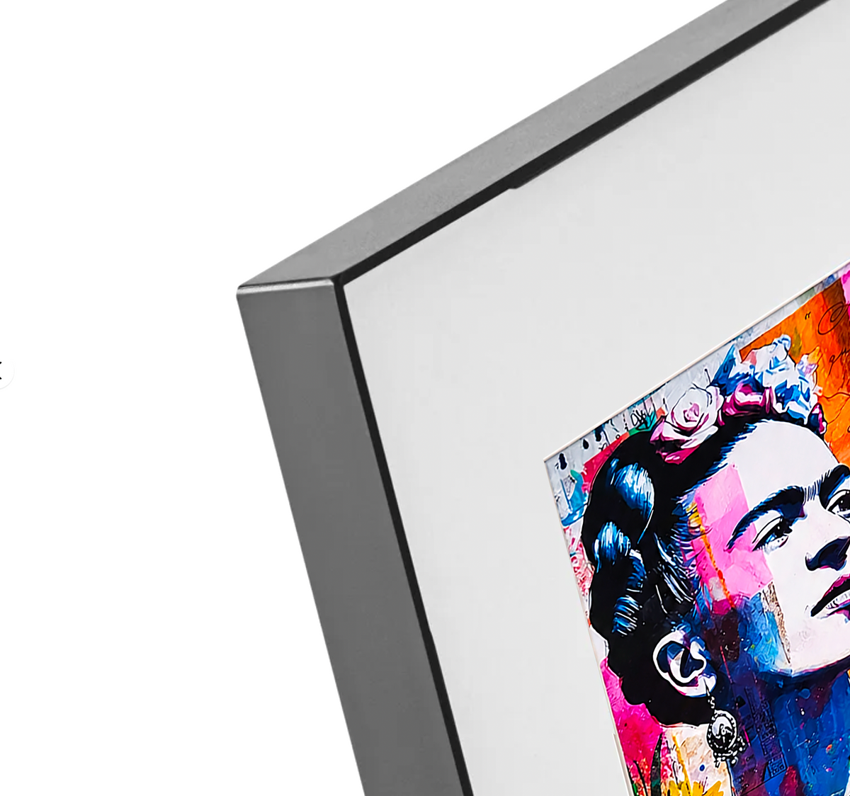 Framed artwork of a colorful Frida Kahlo portrait with a white background