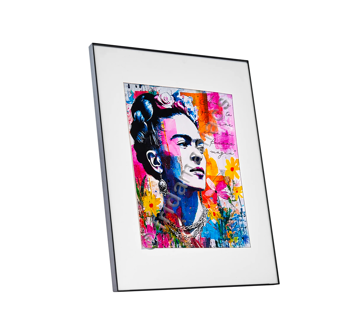 Framed colorful artwork of a stylized Frida Kahlo portrait with abstract elements on a white background