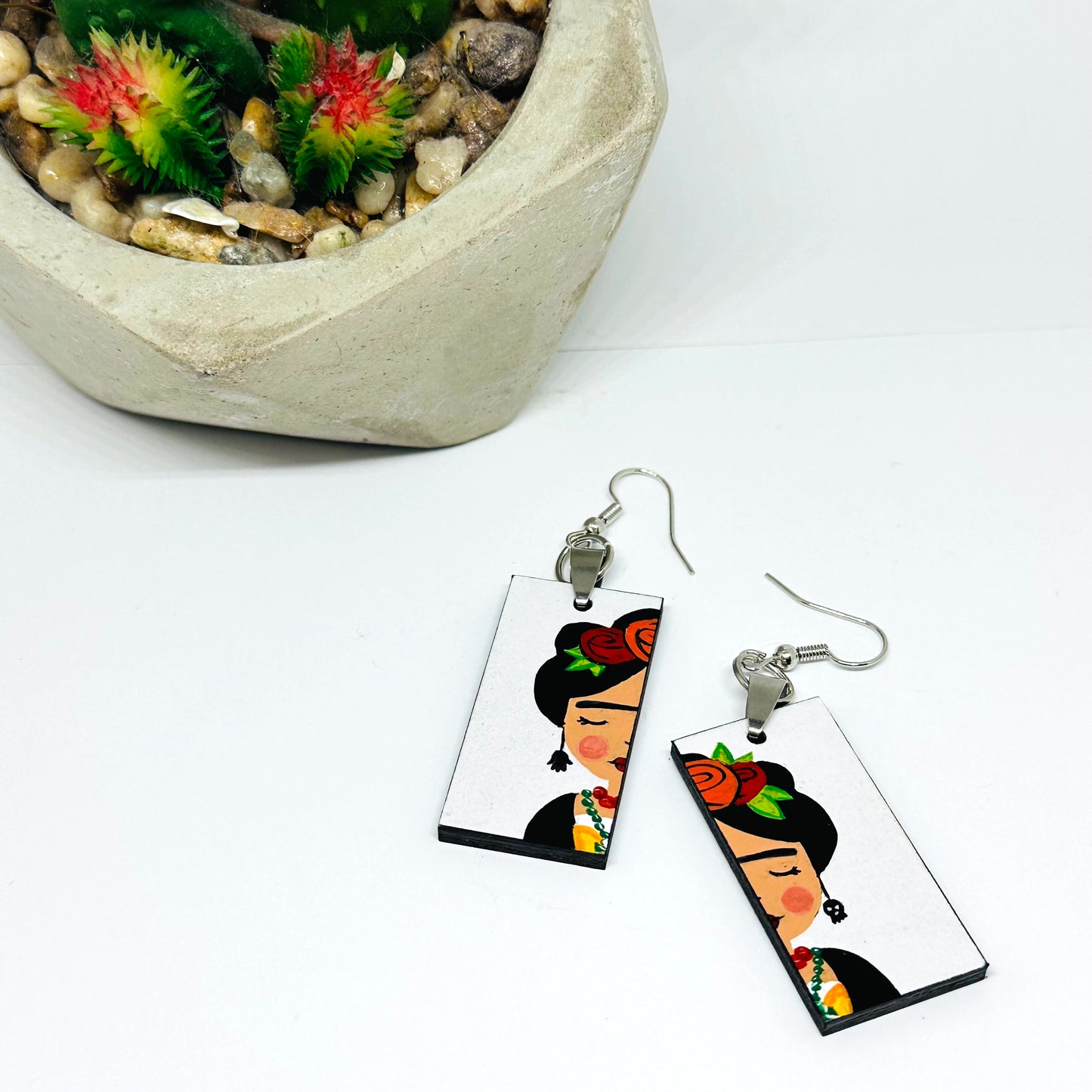 Little Frida White Hand Painted Wooden Earrings