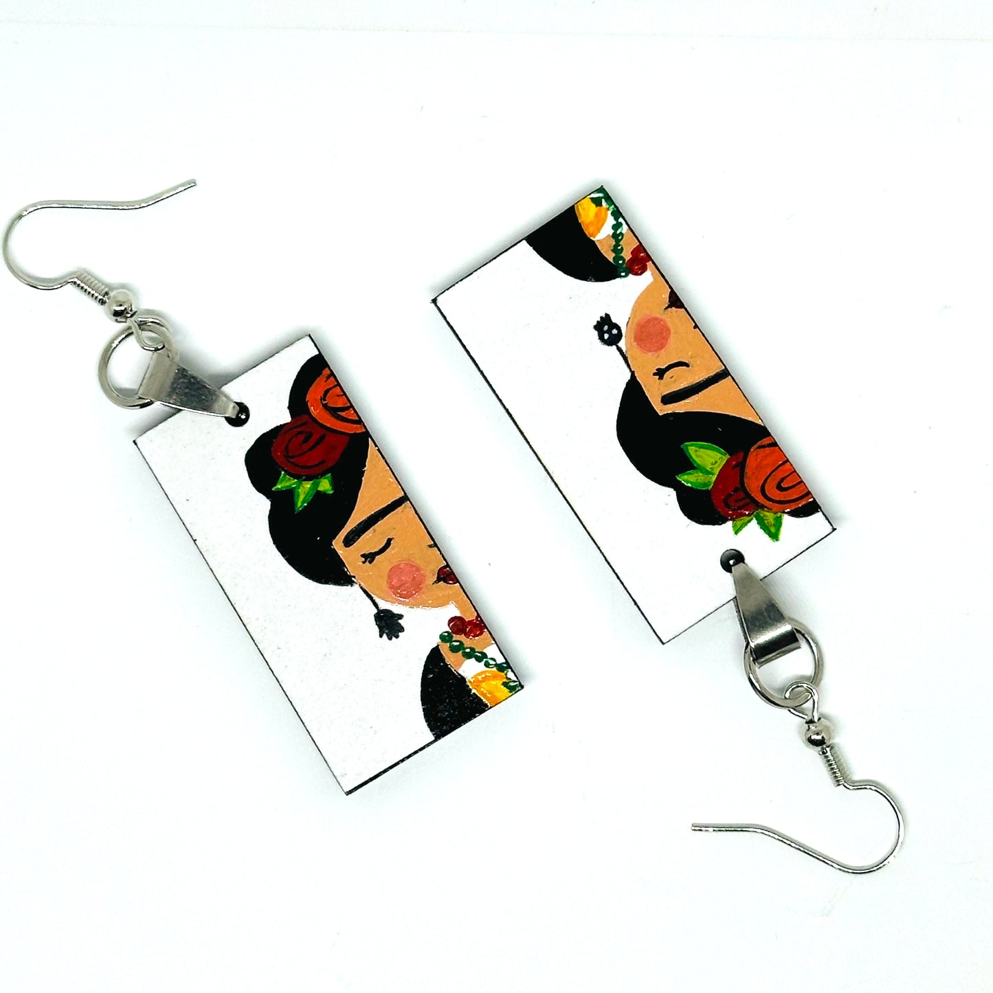 Little Frida White Hand Painted Wooden Earrings