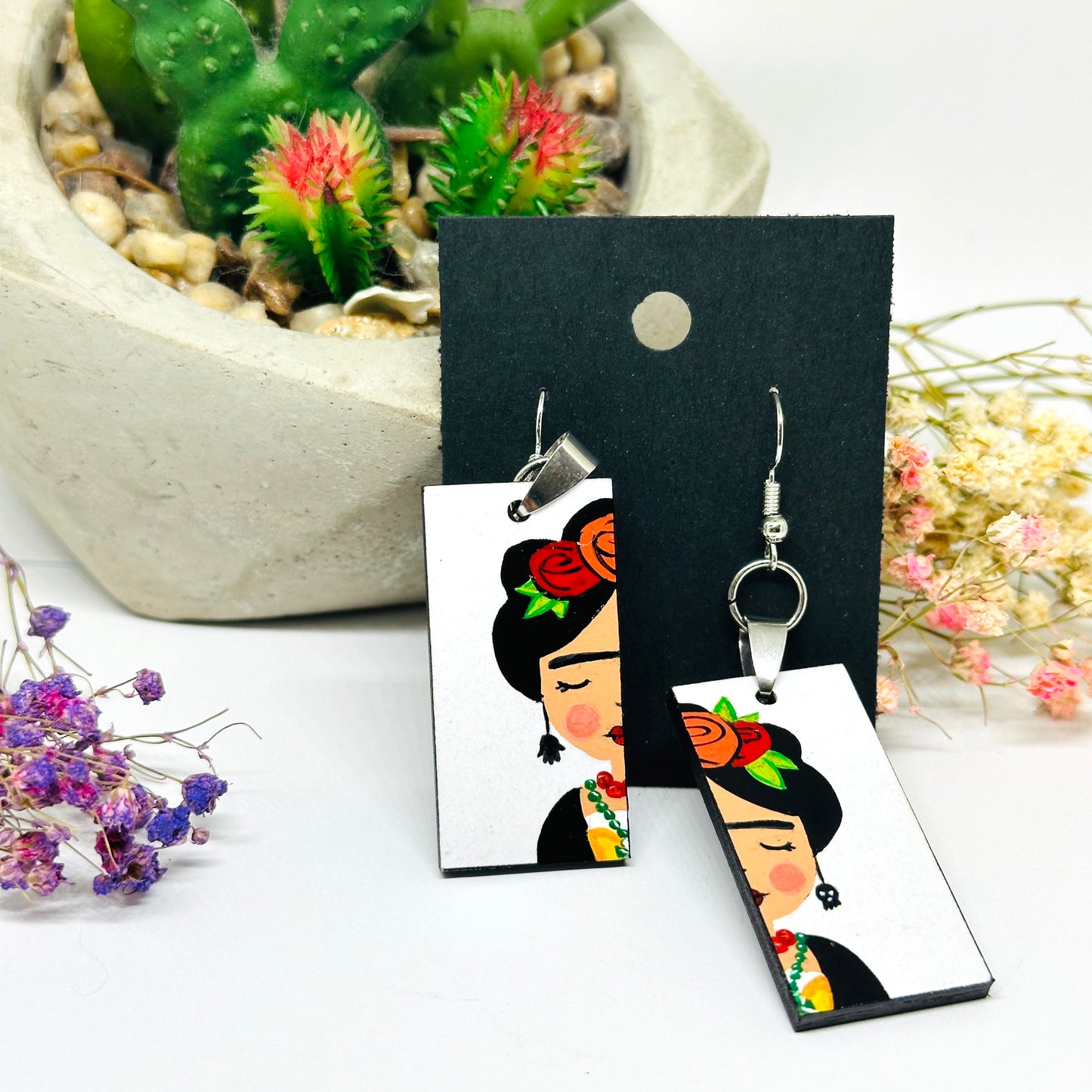 Little Frida White Hand Painted Wooden Earrings