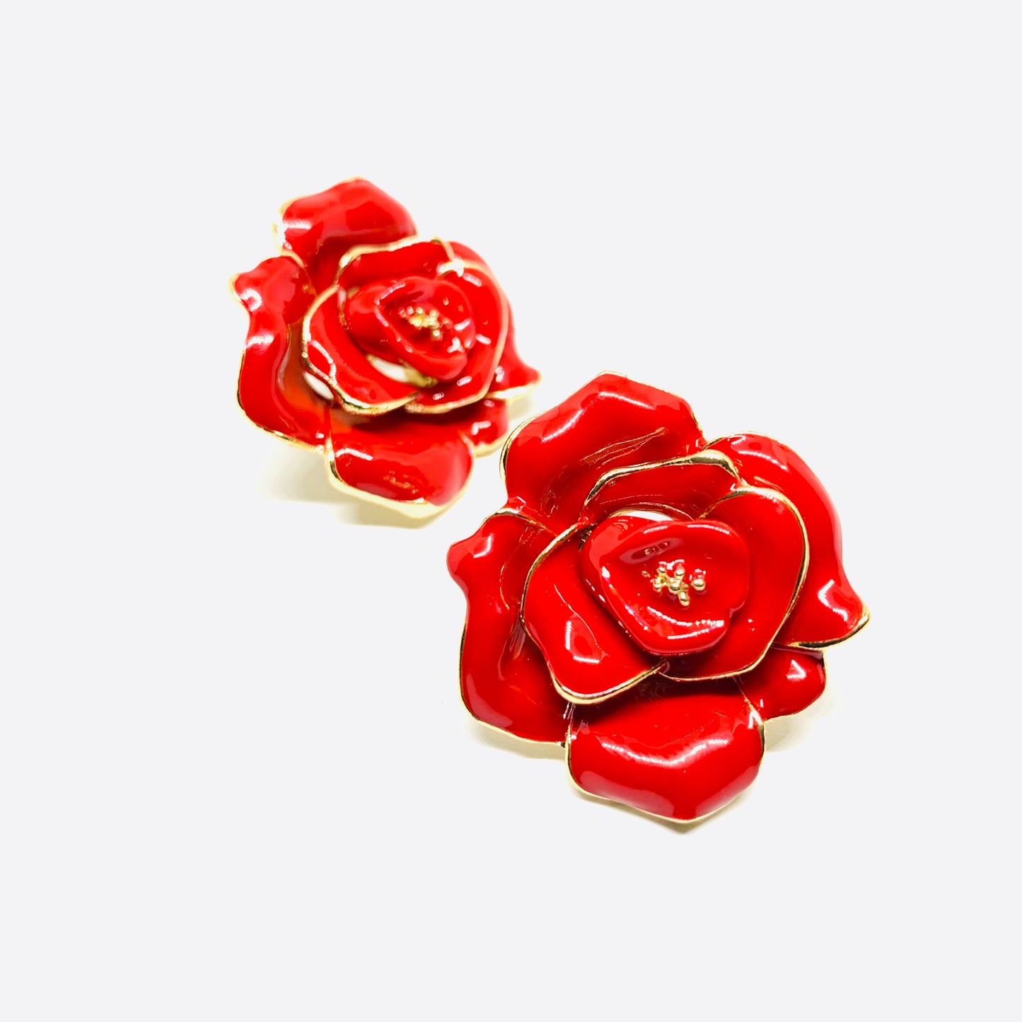 Mexican Red Rose Statement Enamel and Gold Stud Earrings