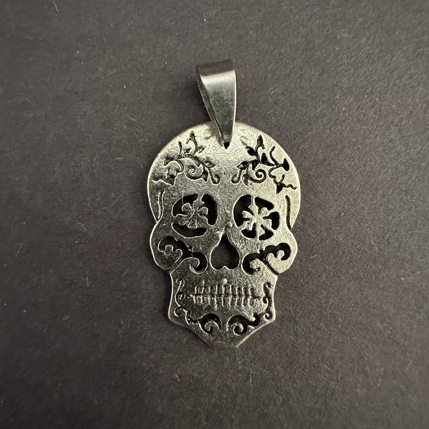 Men's Leather & Rustic Silver Tone Sugar Skull Necklace-Pendant