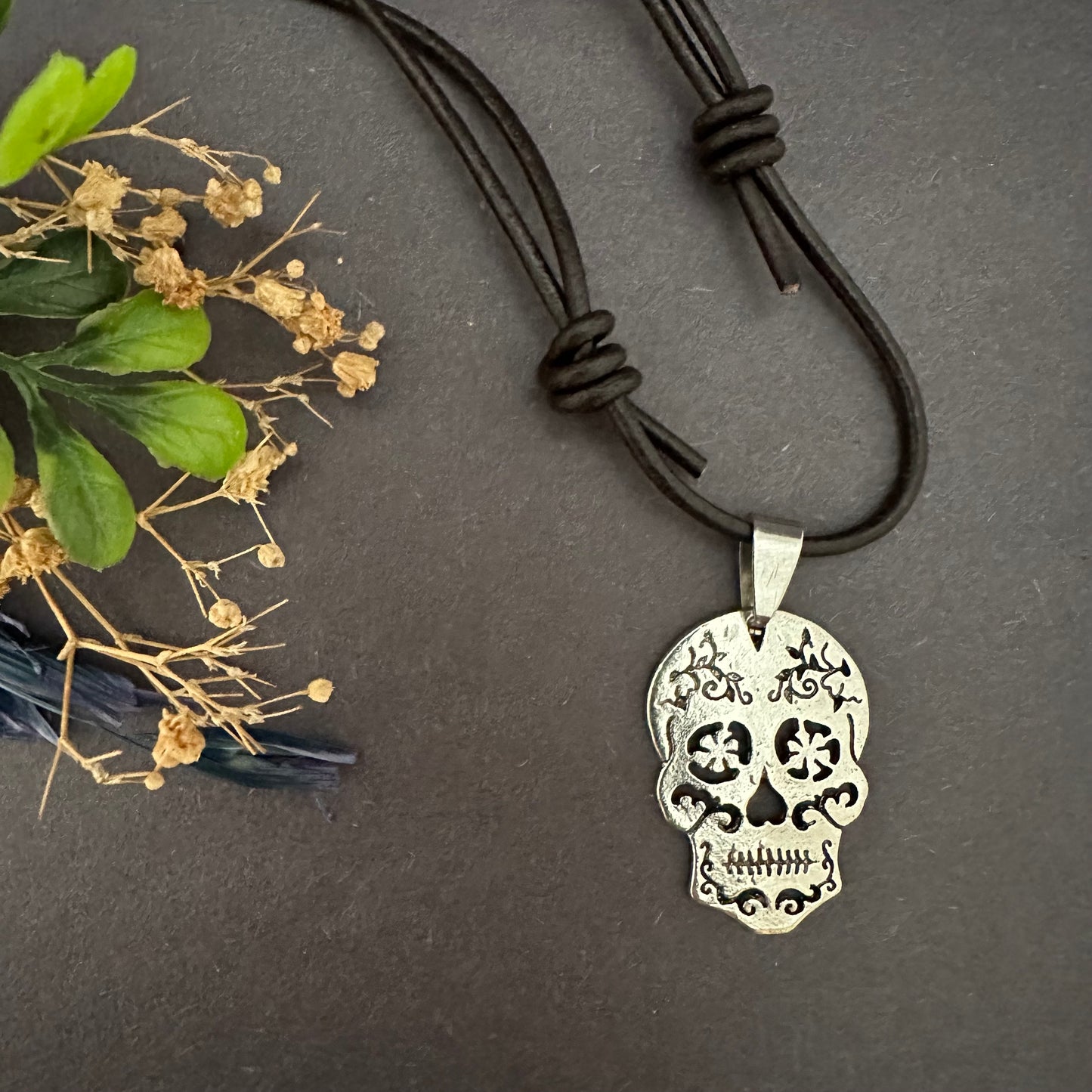 Men's Leather & Rustic Silver Tone Sugar Skull Necklace-Pendant