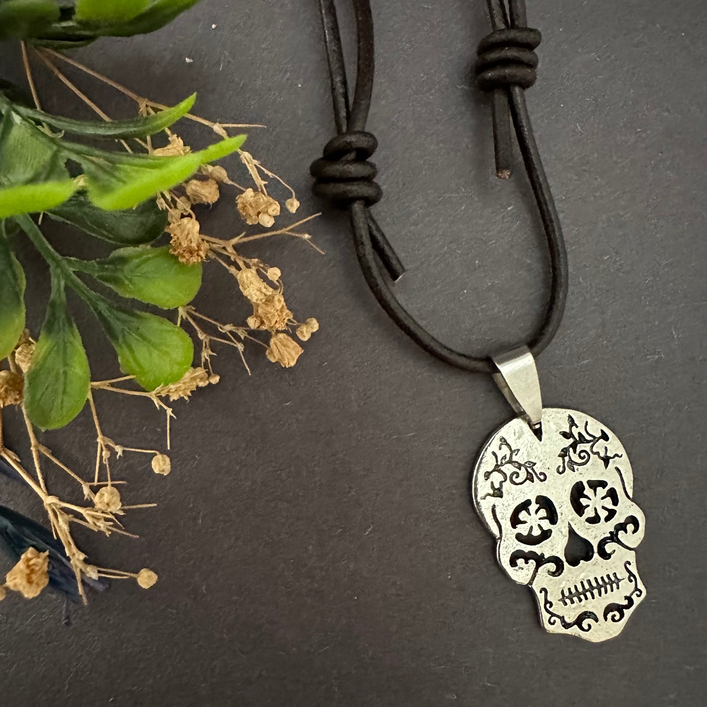 Men's Leather & Rustic Silver Tone Sugar Skull Necklace-Pendant