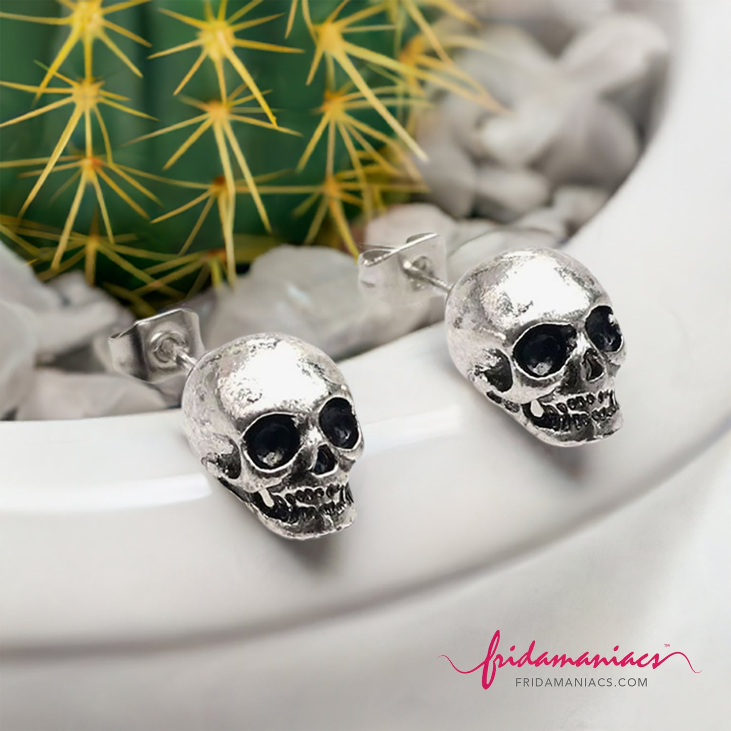Silver skull earrings. Rock & Punk unisex stud earrings. Gift for him. Rustic silver Mexican earrings