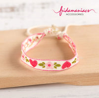 Girl embroidery wrtistband bracelet set with flowers, hearts, and strawberries. Floral and colorful bracelets.