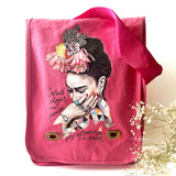 Trendy Frida Kahlo pink soft cotton canvas shoulder or crossbody bag with adjustable strap. Cute, colorful, original fashion accessory for women and girls. Frida floral illustration and famous artist quote.