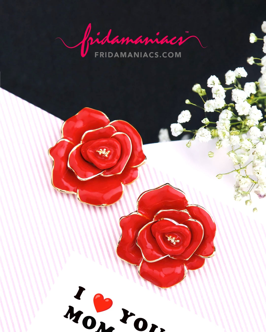 Mexican Red Rose Statement Stud Earrings