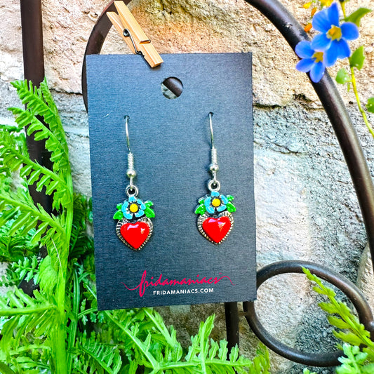 Mini Heart Red Enamel Earrings with Blue Flower