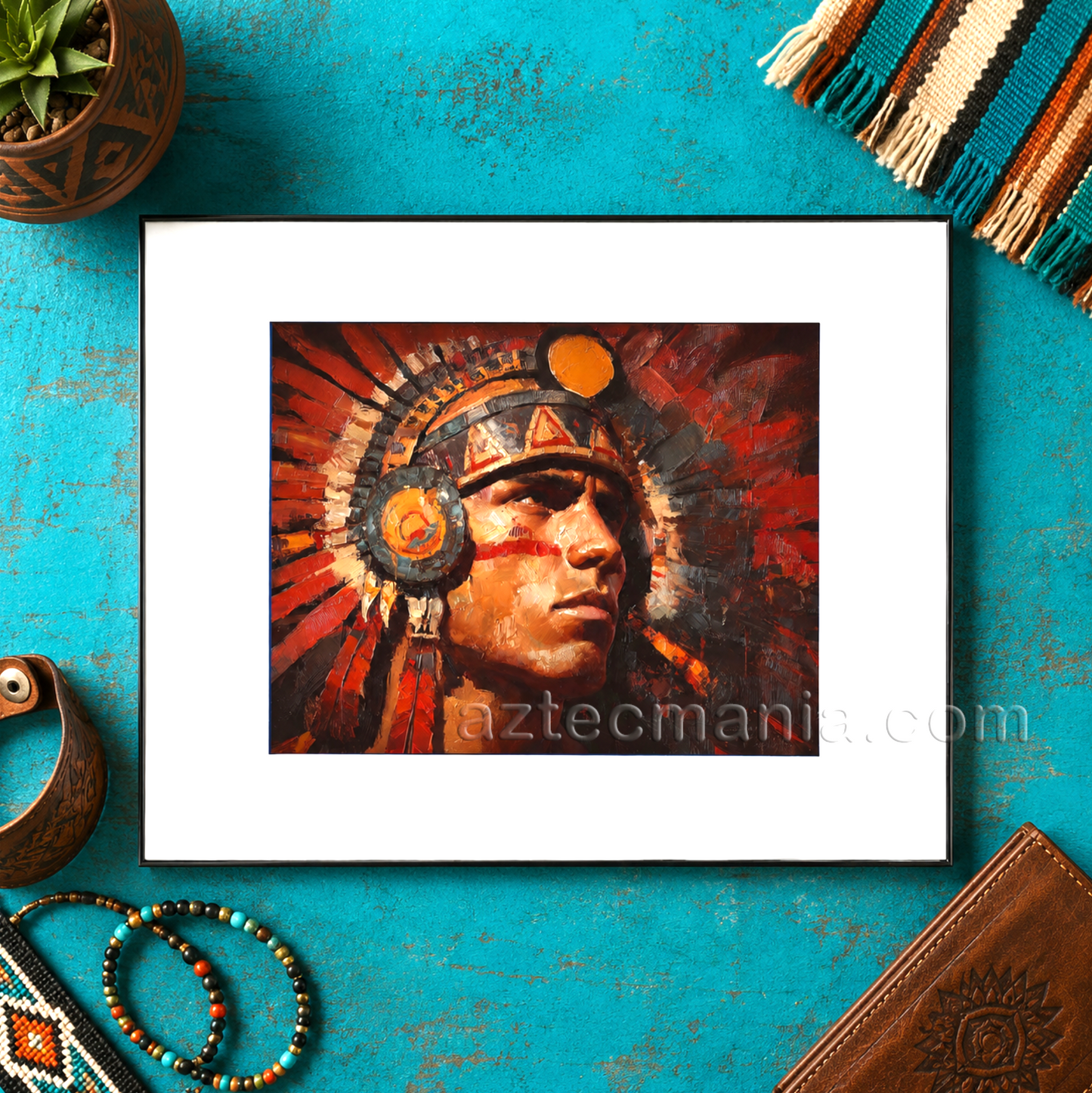 Framed Aztec Warrior Art Print: Salute to the Sun (11 x 14 inches)
