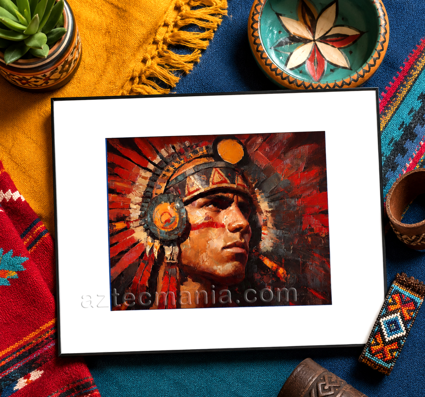 Framed Aztec Warrior Art Print: Salute to the Sun (11 x 14 inches)