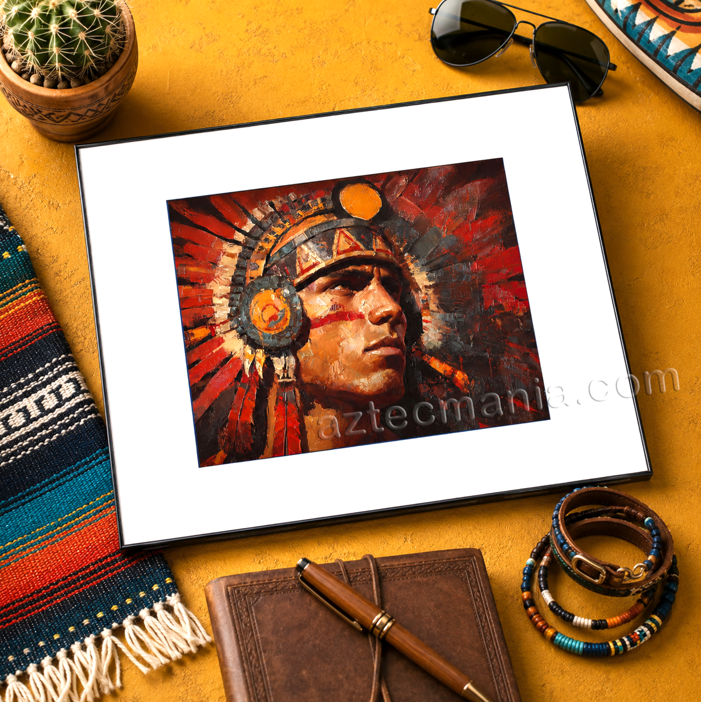 Framed Aztec Warrior Art Print: Salute to the Sun (11 x 14 inches)