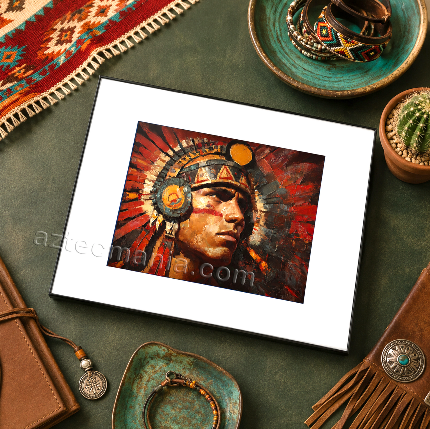 Framed Aztec Warrior Art Print: Salute to the Sun (11 x 14 inches)
