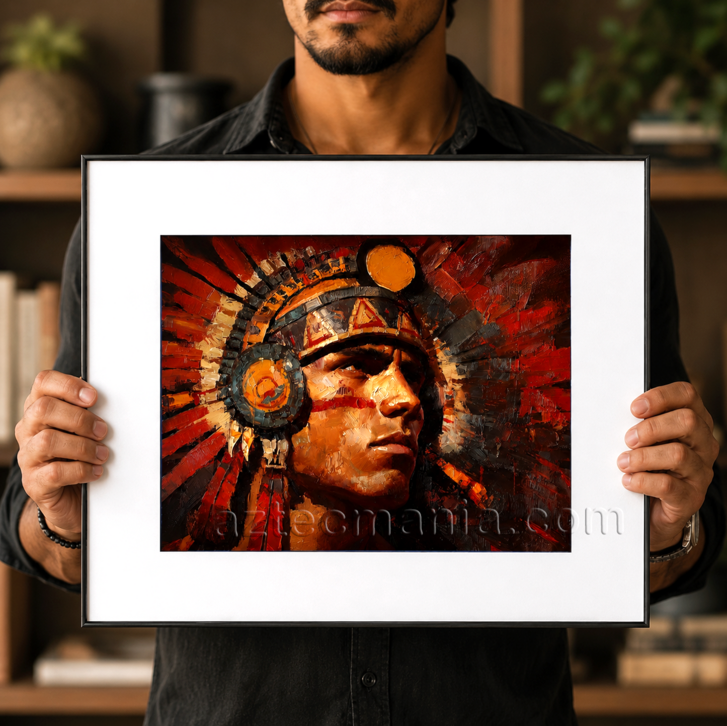Framed Aztec Warrior Art Print: Salute to the Sun (11 x 14 inches)