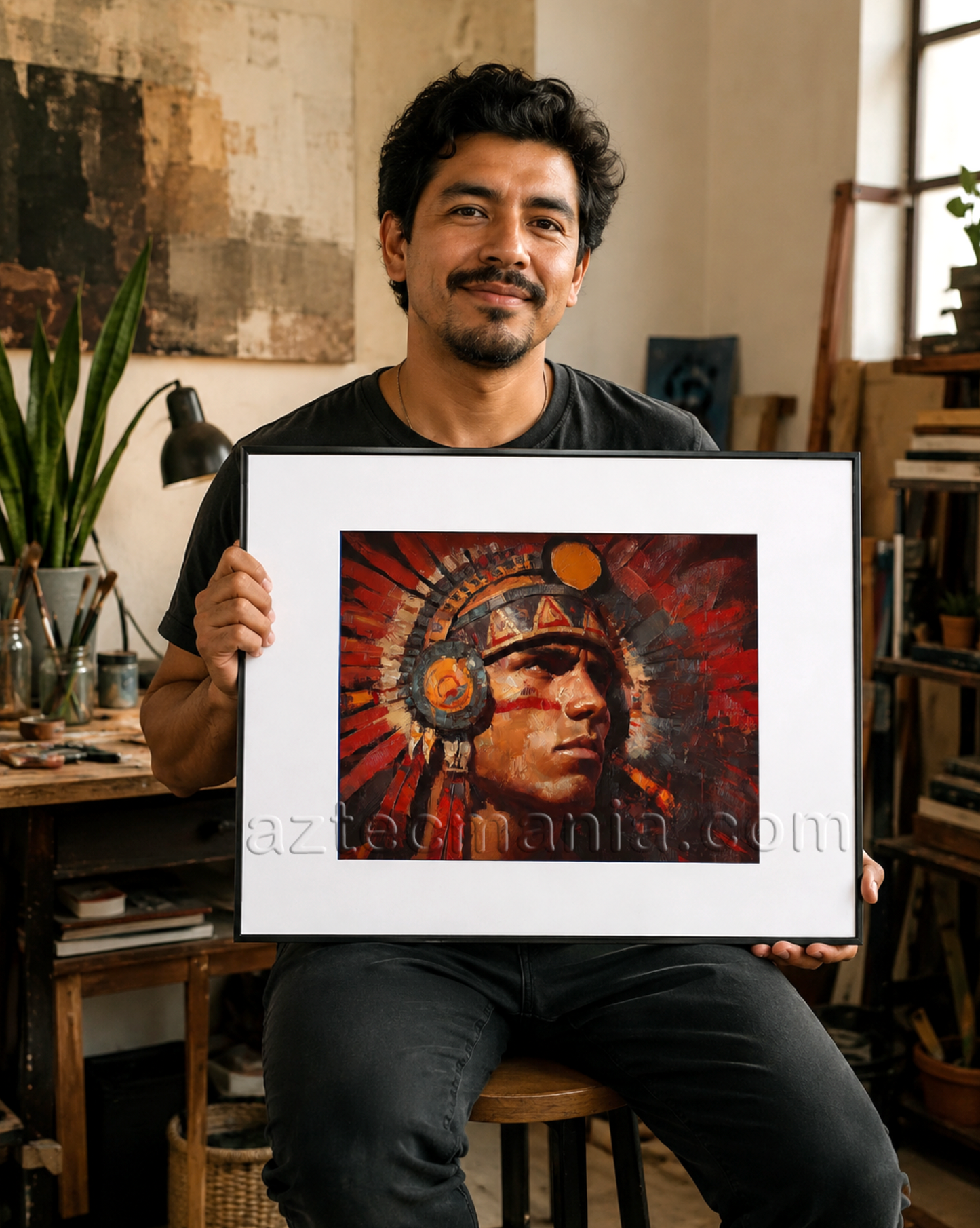 Framed Aztec Warrior Art Print: Salute to the Sun (11 x 14 inches)