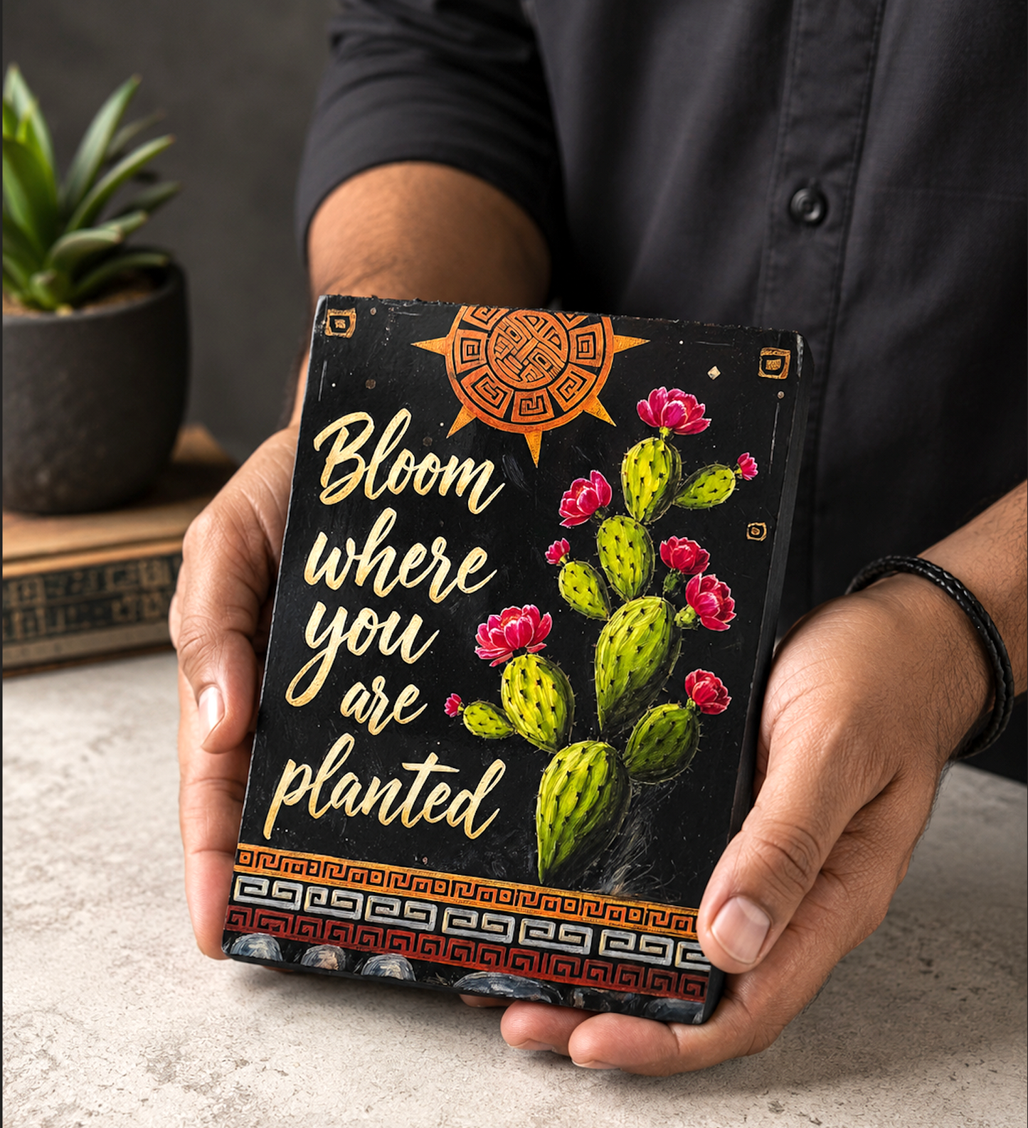 Aztec Inspired Wood Block Art Sign