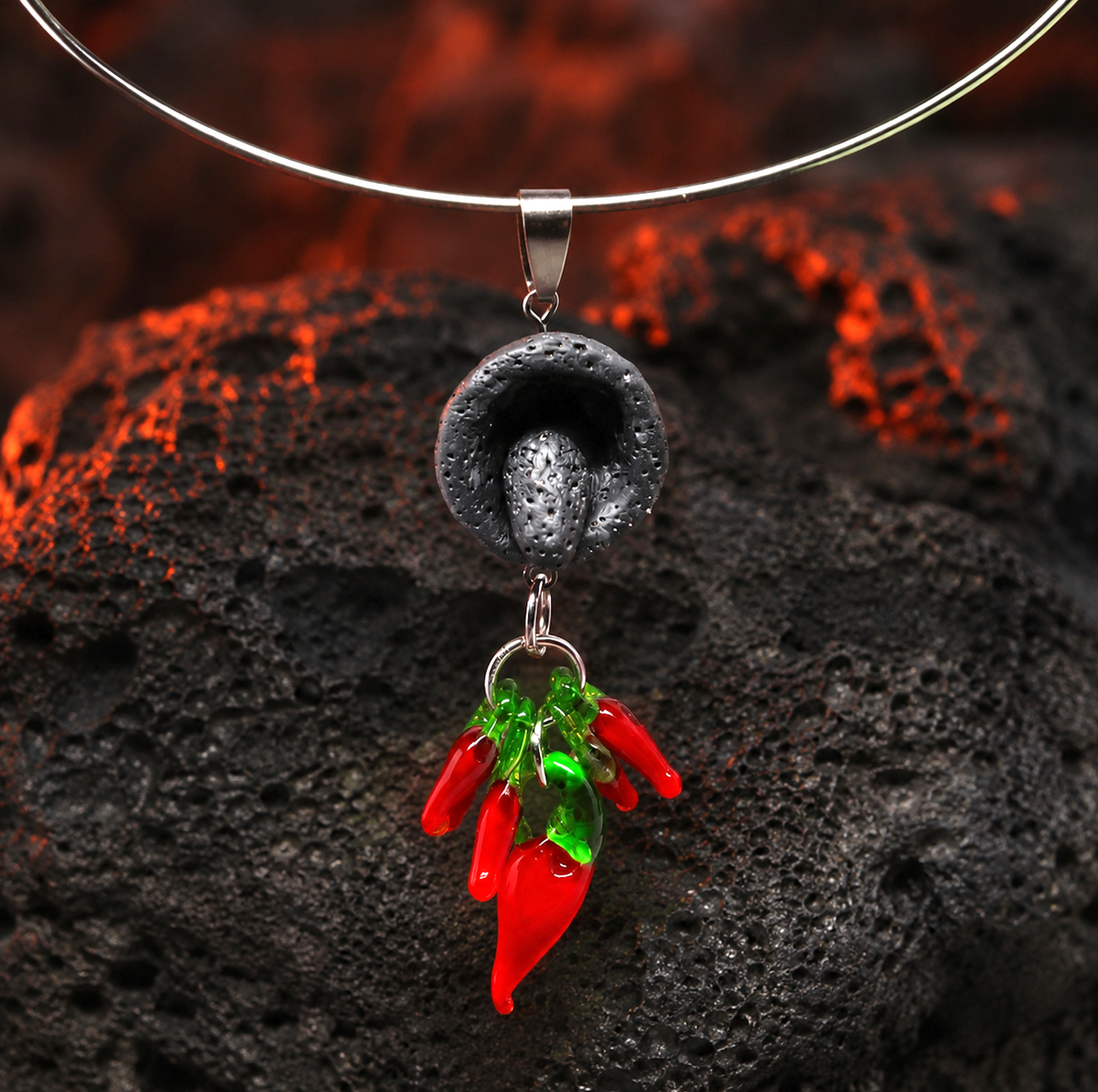 Uniquely Designed Necklace-Choker with Mexican Clay Molcajete & Dangling Glass Lamp Hot Chili Peppers