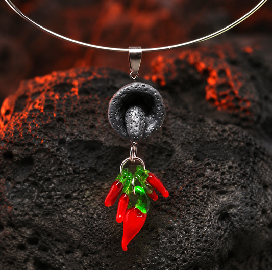 Uniquely Designed Necklace-Choker with Mexican Clay Molcajete & Dangling Glass Lamp Hot Chili Peppers