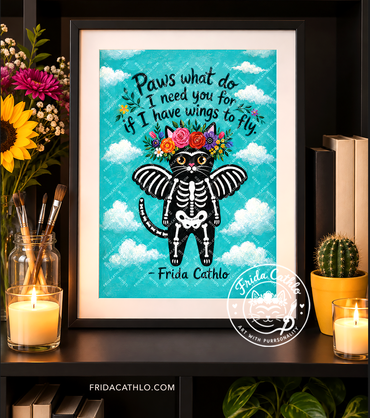 Black Cat Art Print: Whimsical Frida Cathlo™ Wall Decor (8.5 x 11 inch)