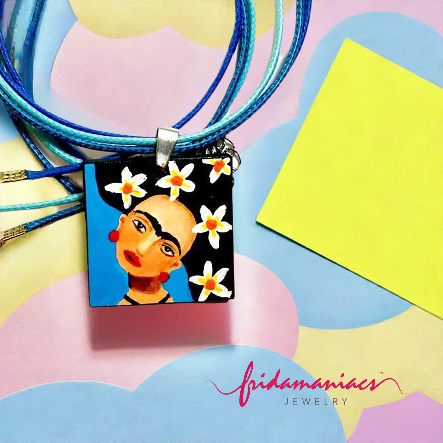 Handpainted Frida Kahlo inspired wooden square pendant necklace for girls. Cute gift idea for girls by Fridamaniacs, fridalovers, frida fans. Mexcian necklace, Mexican jewelry