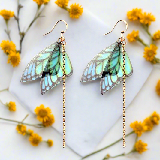 Butterfly Earrings: Turquoise translucent fabric butterfly wings drop and dangle earrings inspired by Frida Kahlo. Mexican jewelry by Fridamaniacs for Fridalovers. Women and Girls trendy fashion spring and summer gift idea. Birthday or anniversary