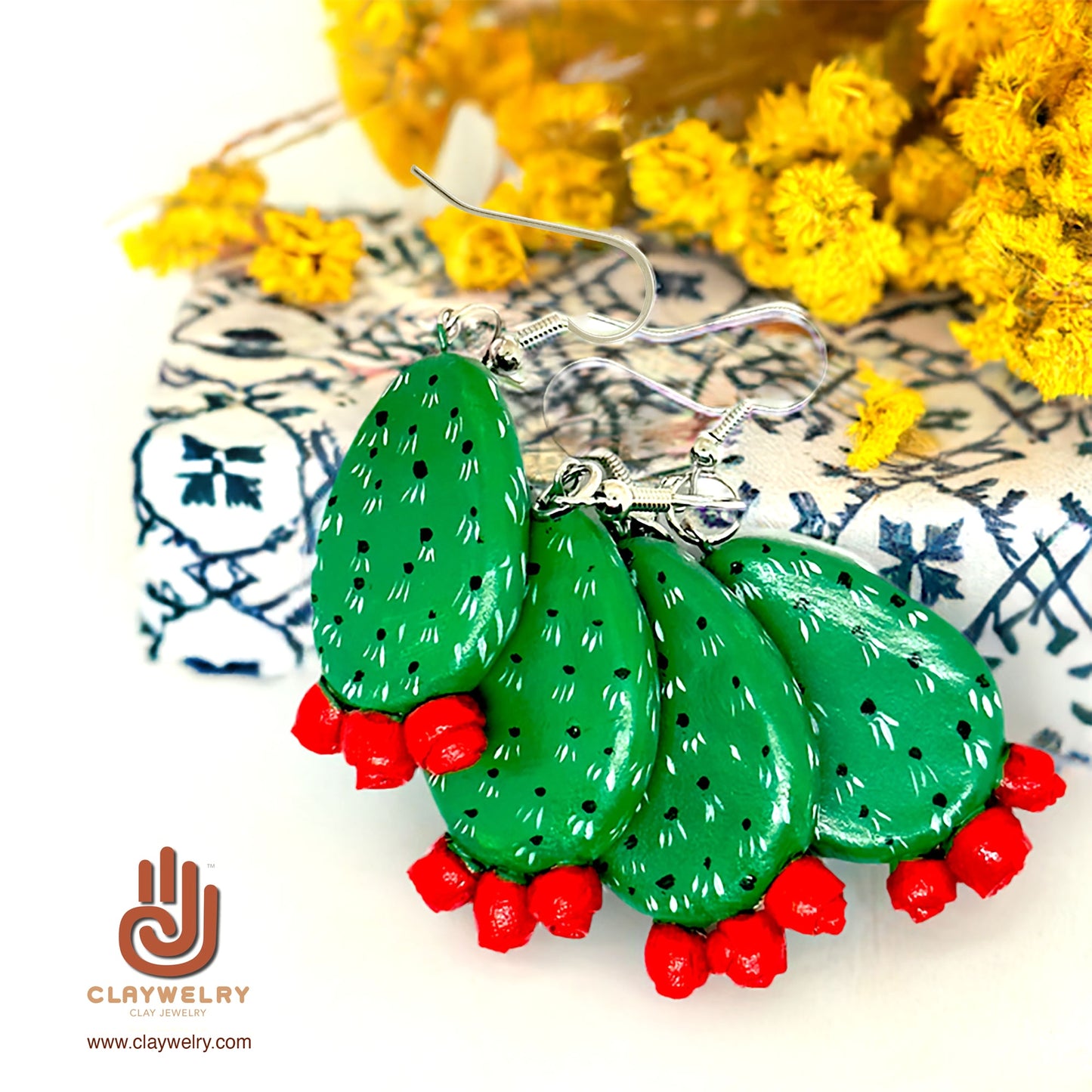 Glamorous Clay Cactus Earrings with Red Flowers