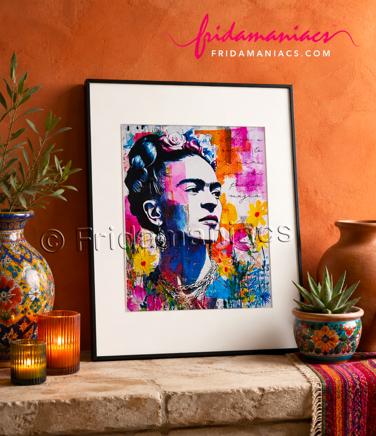 Framed artwork of a colorful Frida Kahlo portrait with Frida Kahlo on a decorative shelf.