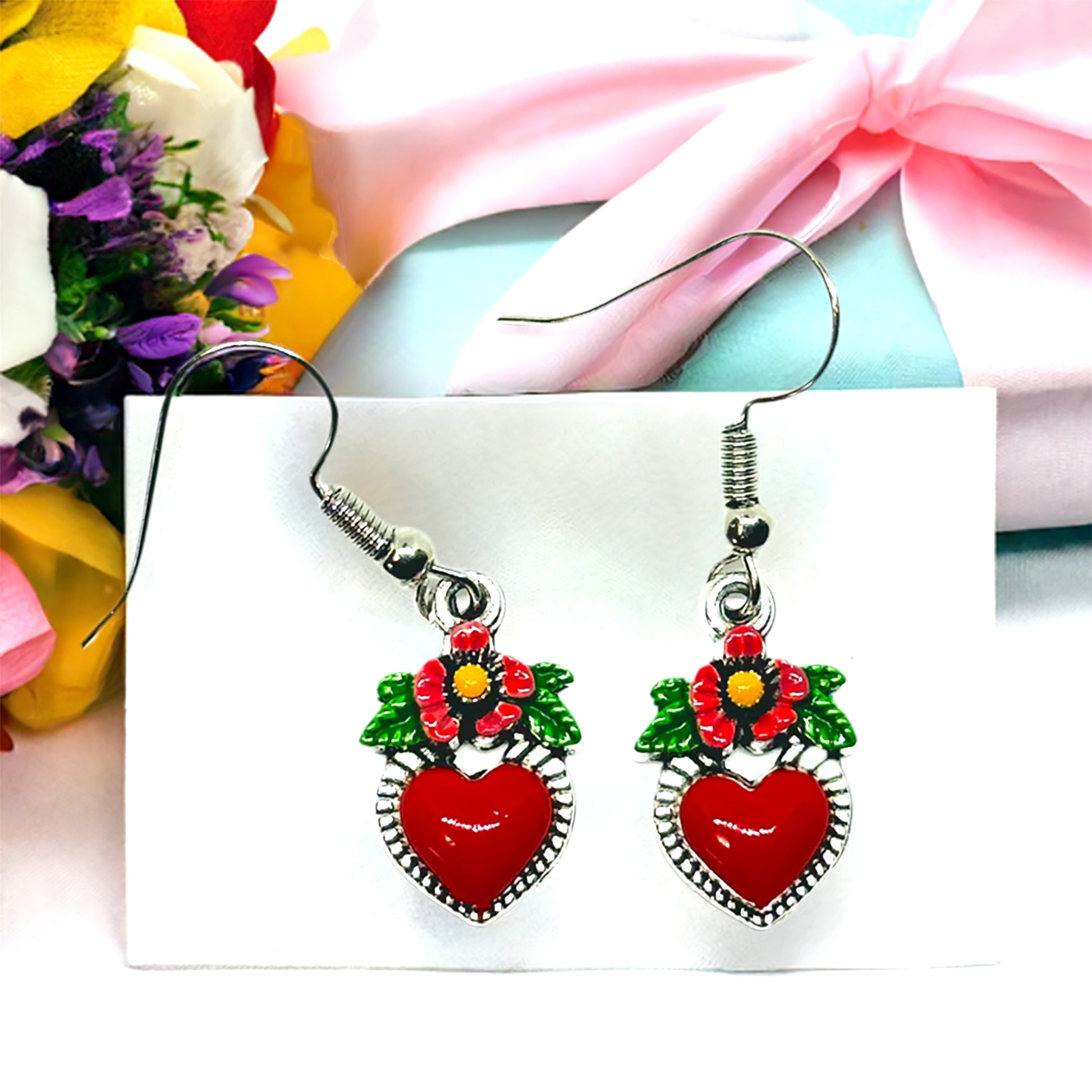 Red enamel and flower heart earrings for women and girls
