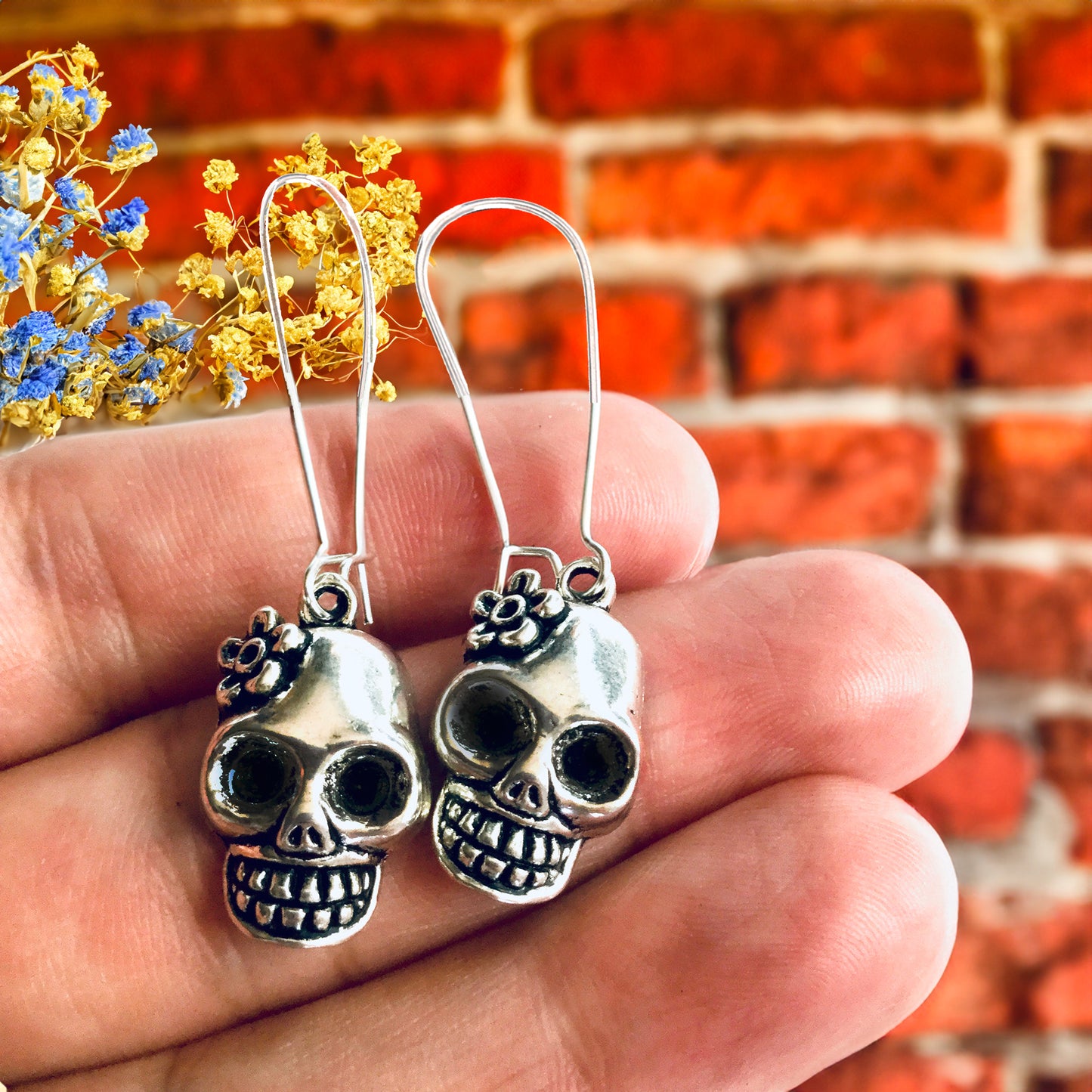 Mexican silver skull earrings for girls this Halloween and Dia de Muertos Mexico Day of the Dead