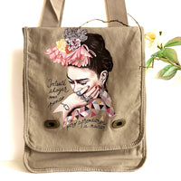 Frida Kahlo Bag: Shoulder or crossbody field bag, khaki color dyed washed soft cotton canvas fabric. Adjustable strap. Mexixcan artist floral illustration front sticker. Women and girls fashion accessory by Fridamaniacs