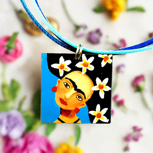 Blue Frida Pendant Hand Painted Wooden Floral Frida Necklace Wearable Art Women Pendant Art to Wear MexicanJewelry Fridalovers Gift Birthday