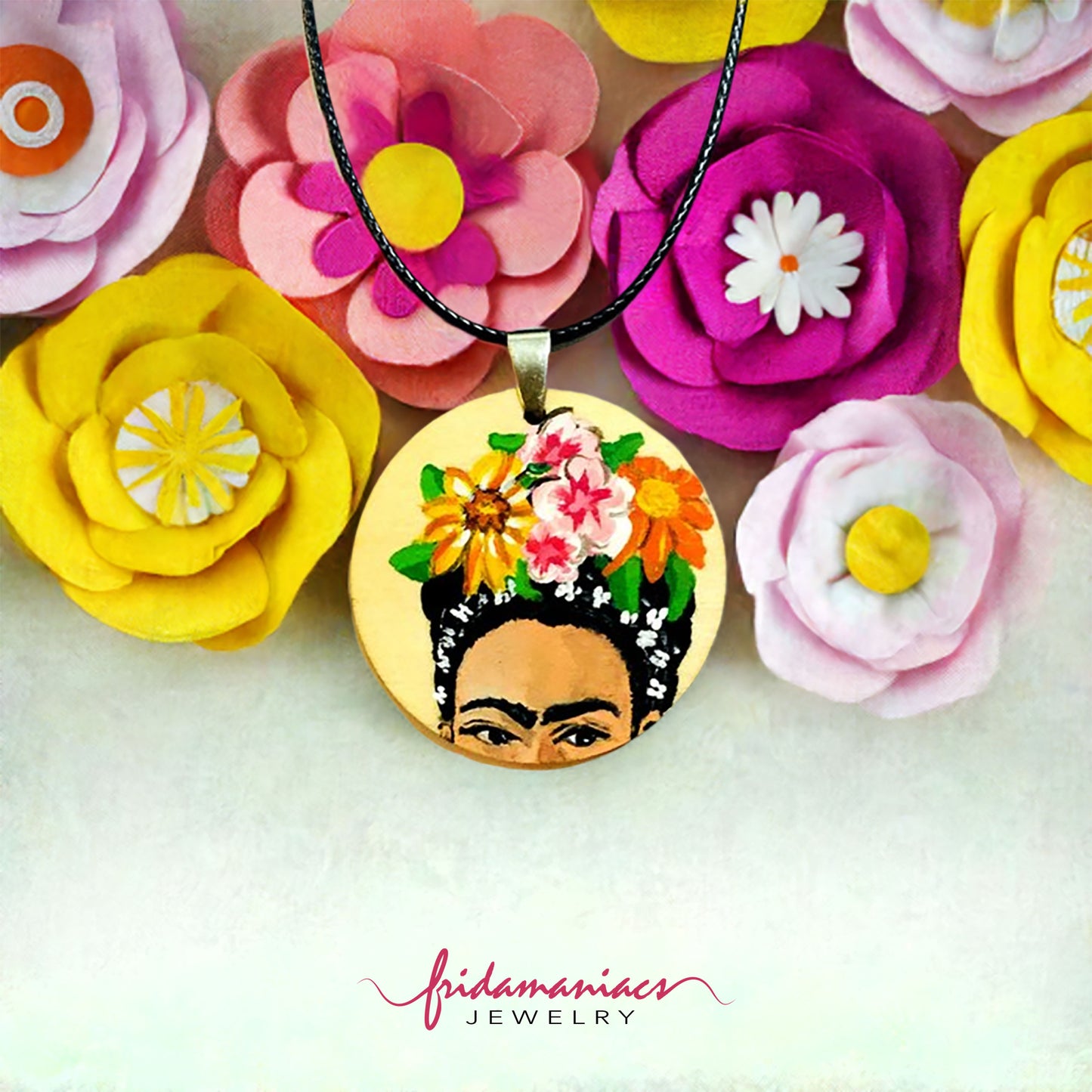Colorful  hand painted Frida Kahlo floral wooden circular pendant necklace. Replace provide waxed black rope with your favorite chain. Mexican jewelry by fridamaniacs, fridalovers, Frida fans girls