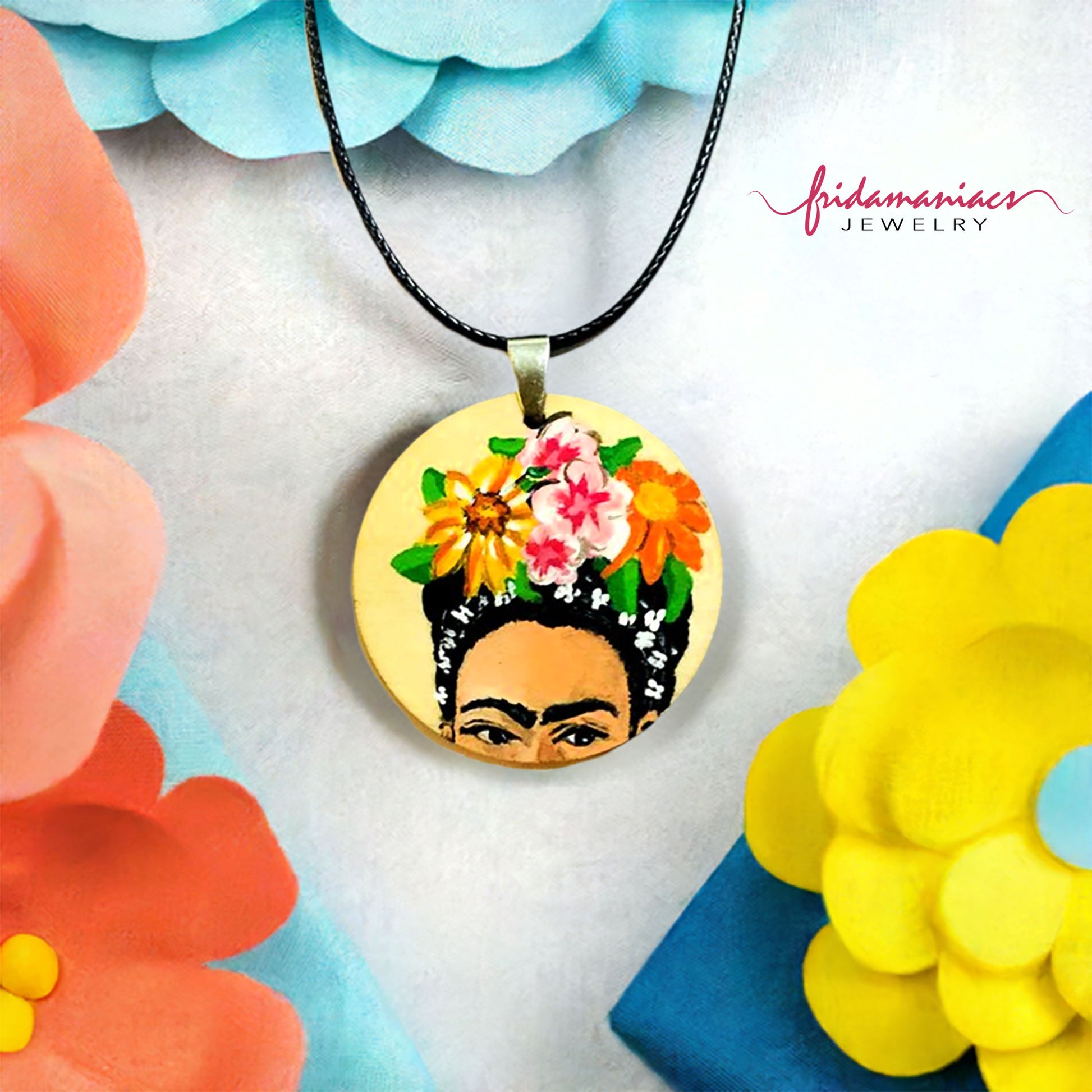 Mexican wood necklace pendant with Frida Kahlo and flowers headdress 