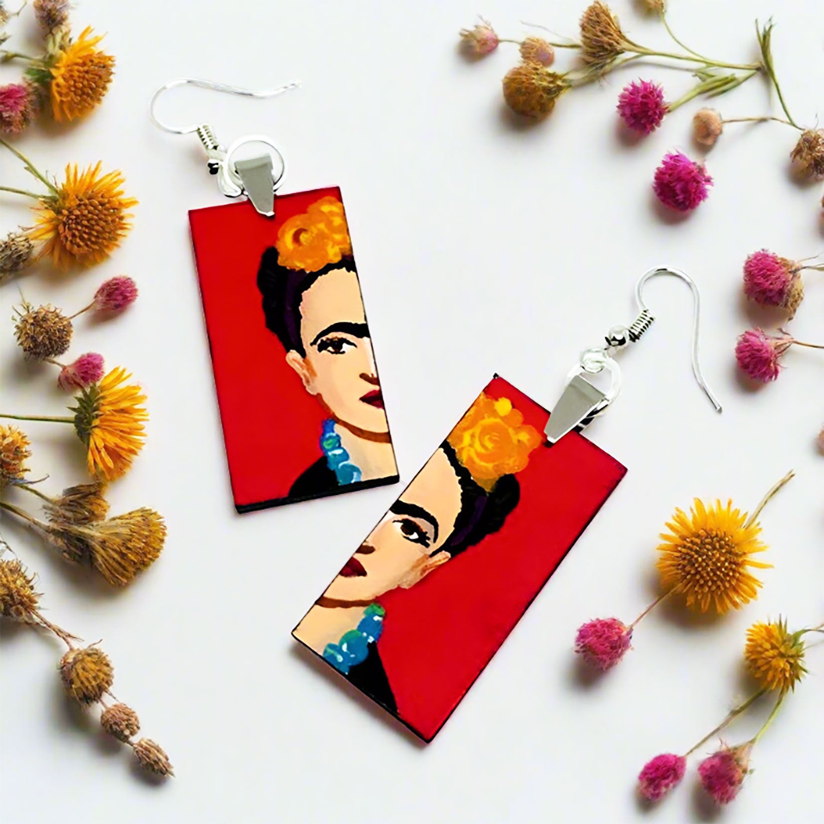 Frida Kahlo Earrings: Eye-Catching Red Frida Earrings Mexican Jewelry Inspired for Women Hand Painted Wooden Drop Dangle Earrings Fridalovers Mexico Wearable Art