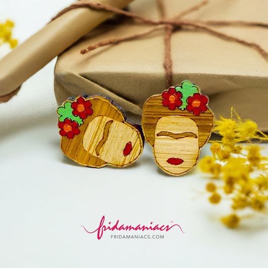 Cute Frida Inspired Bamboo Stud Earrings with Red Flowers